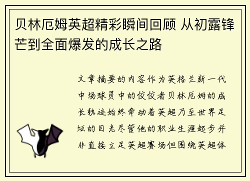贝林厄姆英超精彩瞬间回顾 从初露锋芒到全面爆发的成长之路 贝林厄姆英超精彩瞬间回顾 从初露锋芒到全面爆发的成长之路